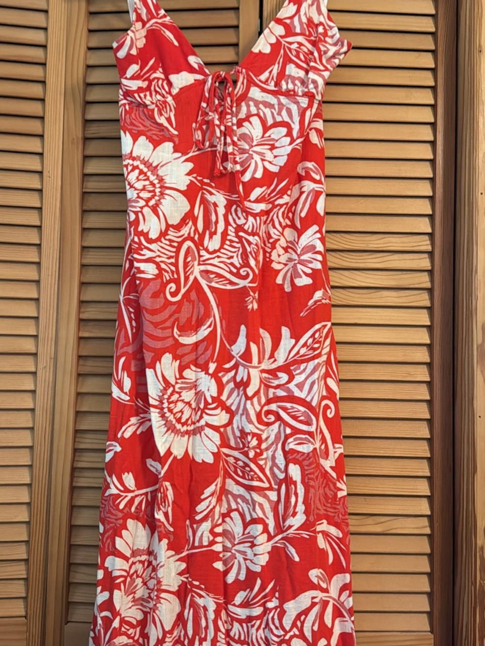 Red Floral Maxi Dress with White Print - Women